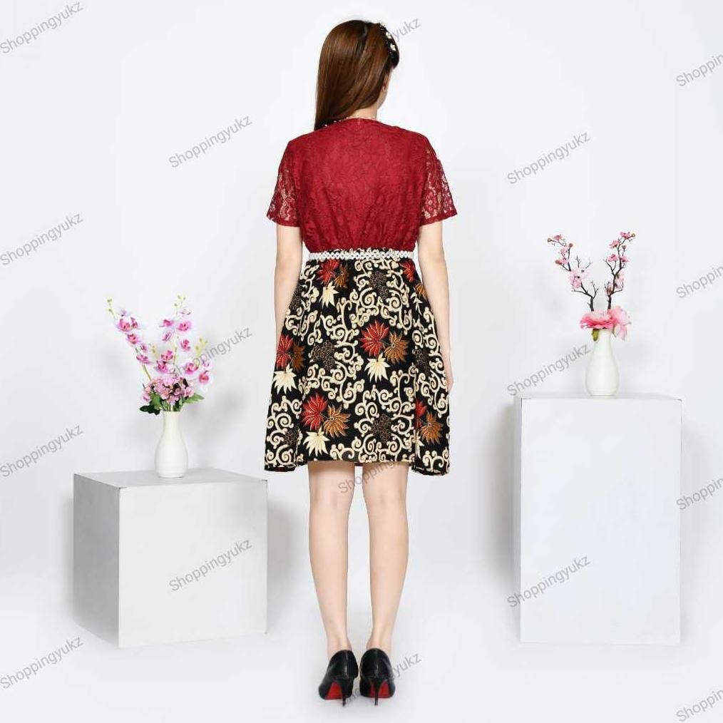 WTYU Dress Batik Modern Brukat Lengan Pendek Dress Wanita Hitam Merah Maroon Baju Lebaran Anak Tangg