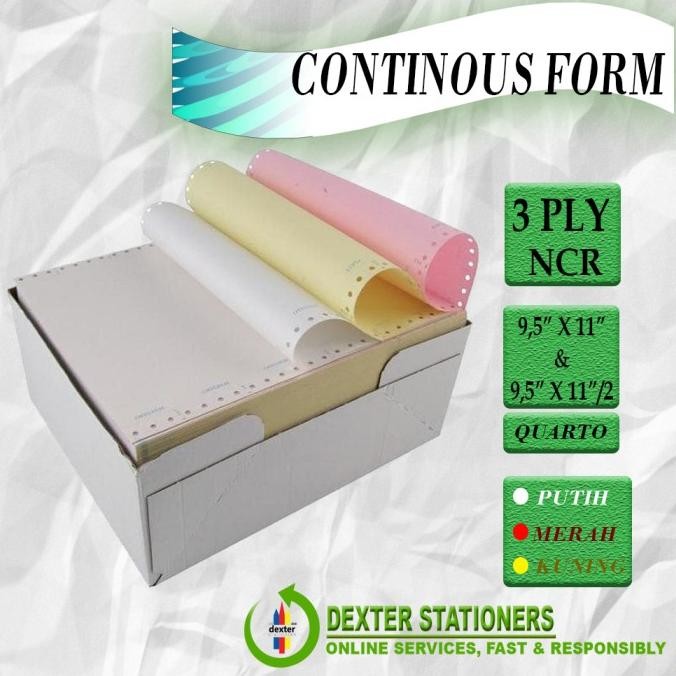 

TERLARIS - KERTAS CONTINOUS FORM 3 PLY / RANGKAP 3 9.5"X11" CF K3 KERTAS KOMPUTER