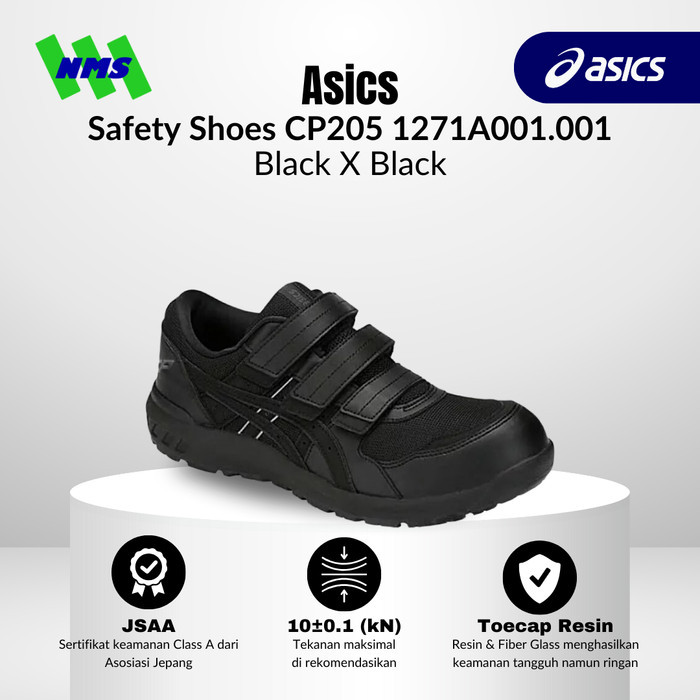 Sepatu Safety Asics Winjob CP205 Black x Black Hitam Original Non Tali Low Cut