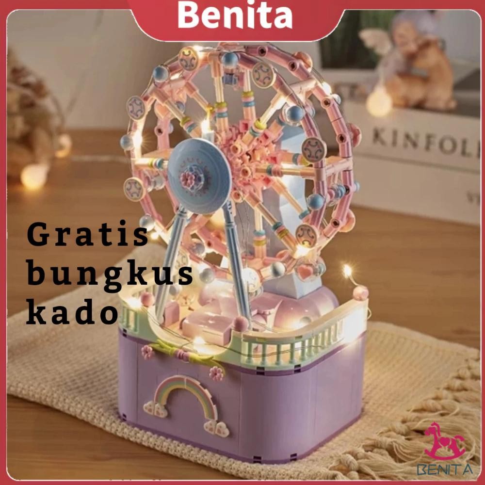 DISKON 24H COD875PCS DIY Ferris Wheel Music Box Rotating Trojan Blok Susun Bangunan Lucu Kotak Music