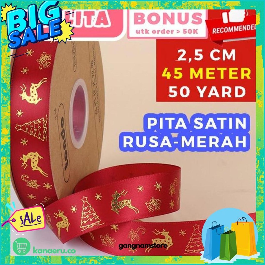 

45 Meter Pita Natal Christmas Ribbon Emboss Emas 50 Yard Packaging Kado Hampers Diskon