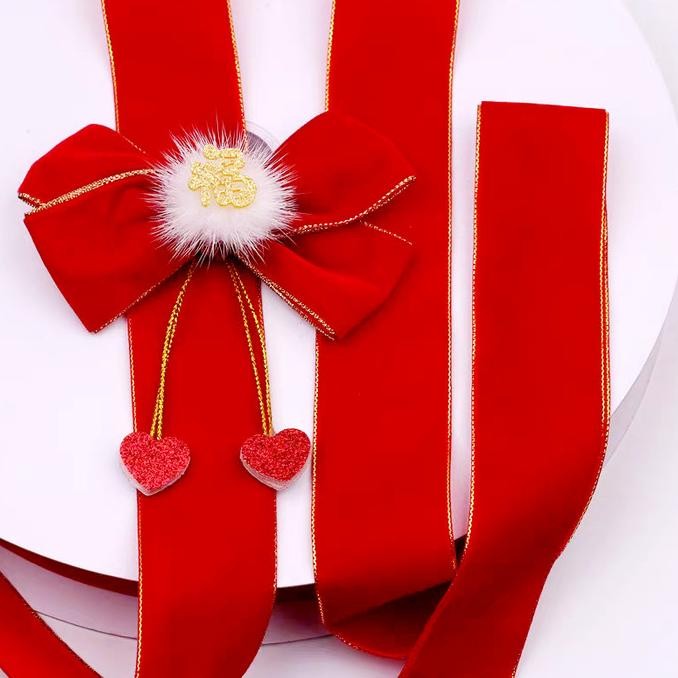 

JHK Pita Rol Kain Merah List Emas Dekorasi Pita Natal Beludru Murah Grosir