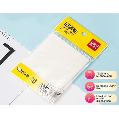 

Deli Semitransparent Sticky Notes / Memo Tempel Semi Transparan 76x95mm 50 Lembar/Pad Lem Kuat 21571