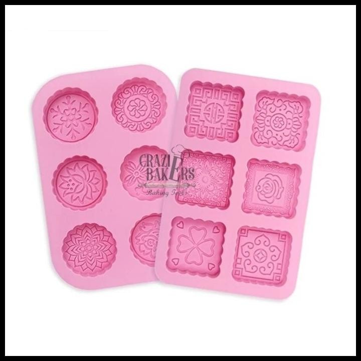Cetakan Silikon Bulat Kotak Chinese Flower Pattern Chocolate Soap Mooncake Mold 6 Rongga
