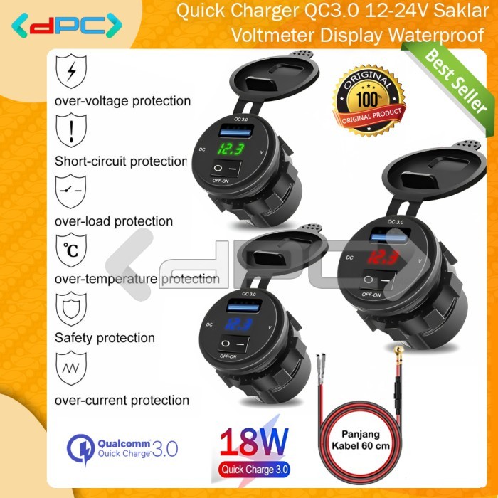 Quick Charger QC3.0 12-24V Saklar & Voltmeter Waterproof Mobil Motor