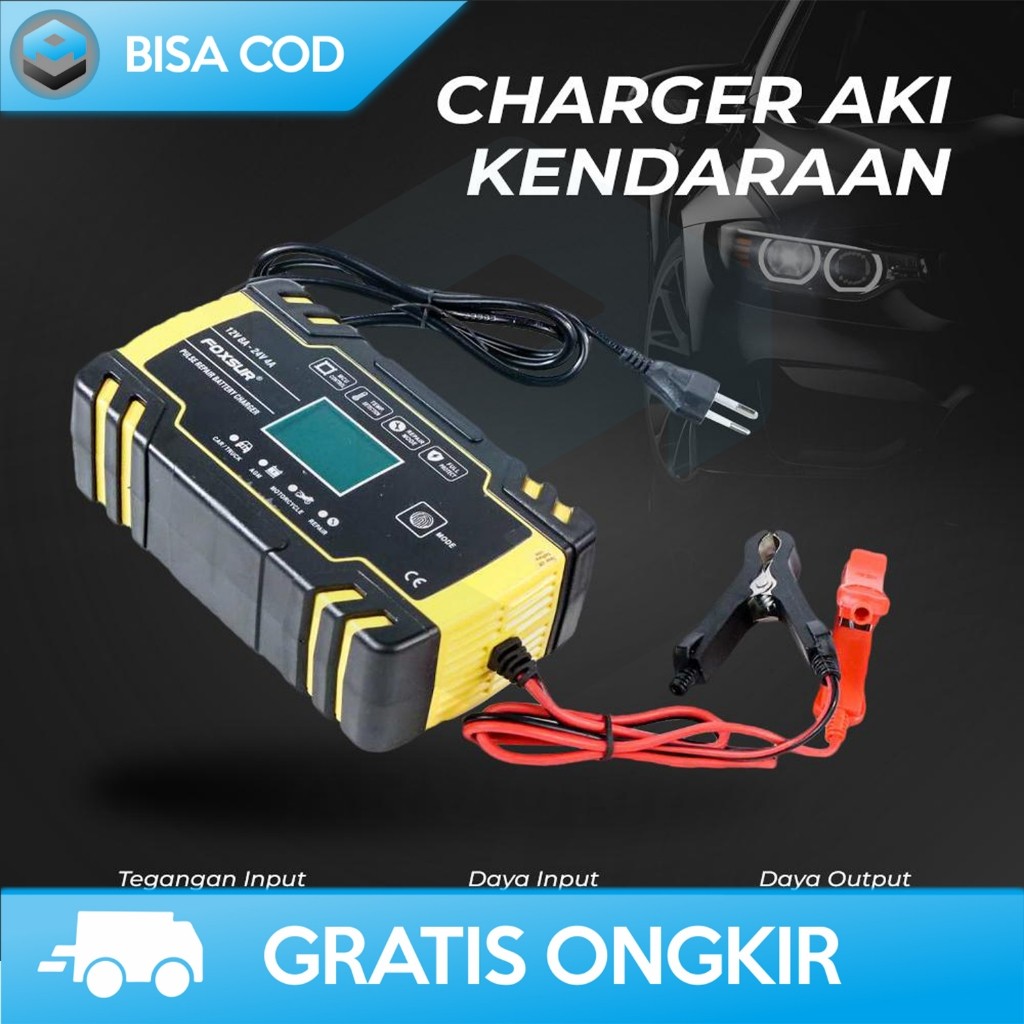 CHARGER AKI MULTIFUNGSI FOXSUR MOBIL SEPEDA MOTOR 130 watt  WITH LCD