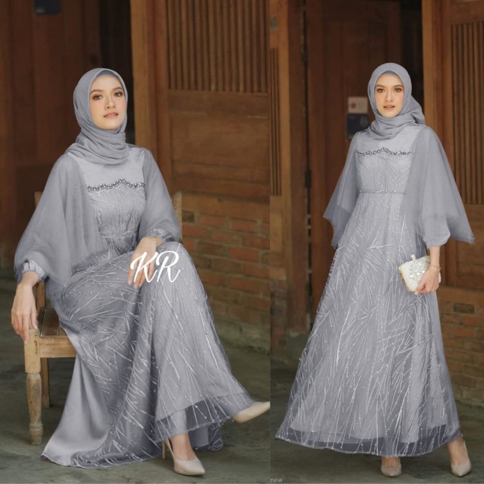 Maxi Nura Brukat Tulle Dress Nikahan Muslim Gamis Pesta Muslim Gaun mu