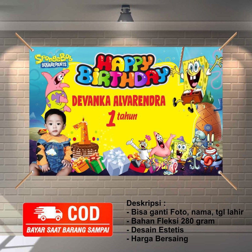 PROMO DISKON GEDE  Banner / Backdrop Ulang Tahun Anak Custom | Gratis Desain | Contoh Spongebob