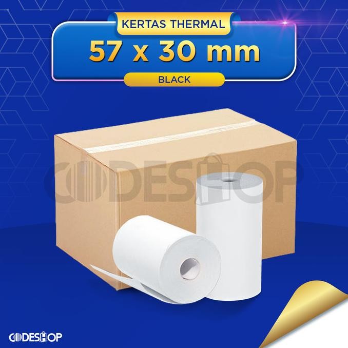 

1 Dus Kertas Termal 57X30 / 58X30Mm Cetak Hitam Struk Kasir Coreless Terbaru