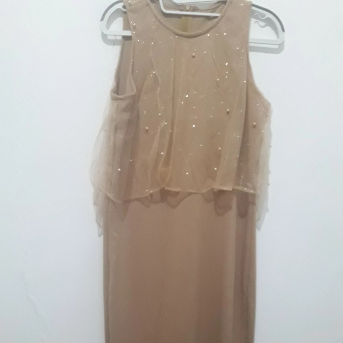 gaun pesta terusan rok bahan kaos tile mutiara wanita coklat dress