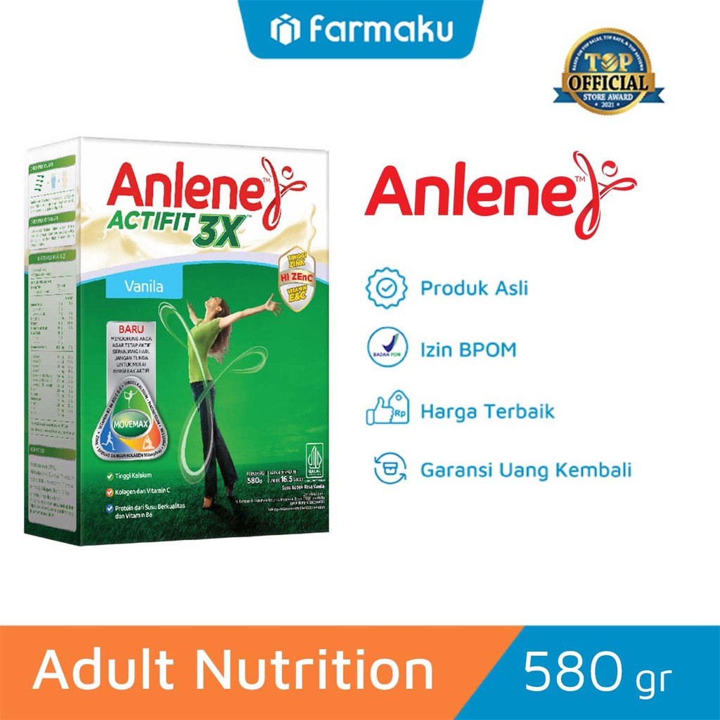 

Anlene Actifit 3X Susu Bubuk Dewasa Vanila 580 gr - Nutrisi Tinggi Kalsium untuk Tulang, Sendi & Otot