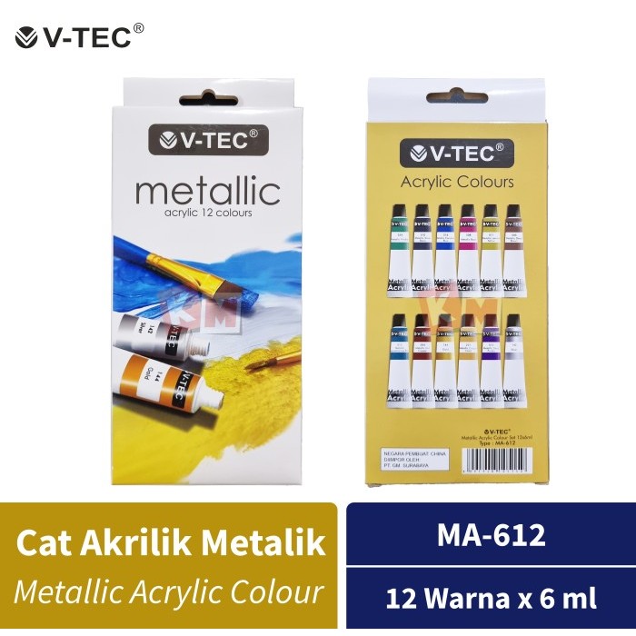 

TERMURAH - Metallic Acrylic Colour / Cat Akrilik V-TEC MA-612 12 Warna 6 ml Tube