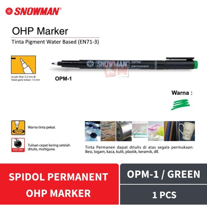 

TERMURAH - Spidol Permanent Snowman OHP Marker OPM-1 Hijau 1.0 mm Pulpen Permanen