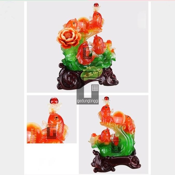 LKJ Pajangan Patung Fengshui Hoki Rejeki Ikan Mas Koi Koki Bunga Teratai