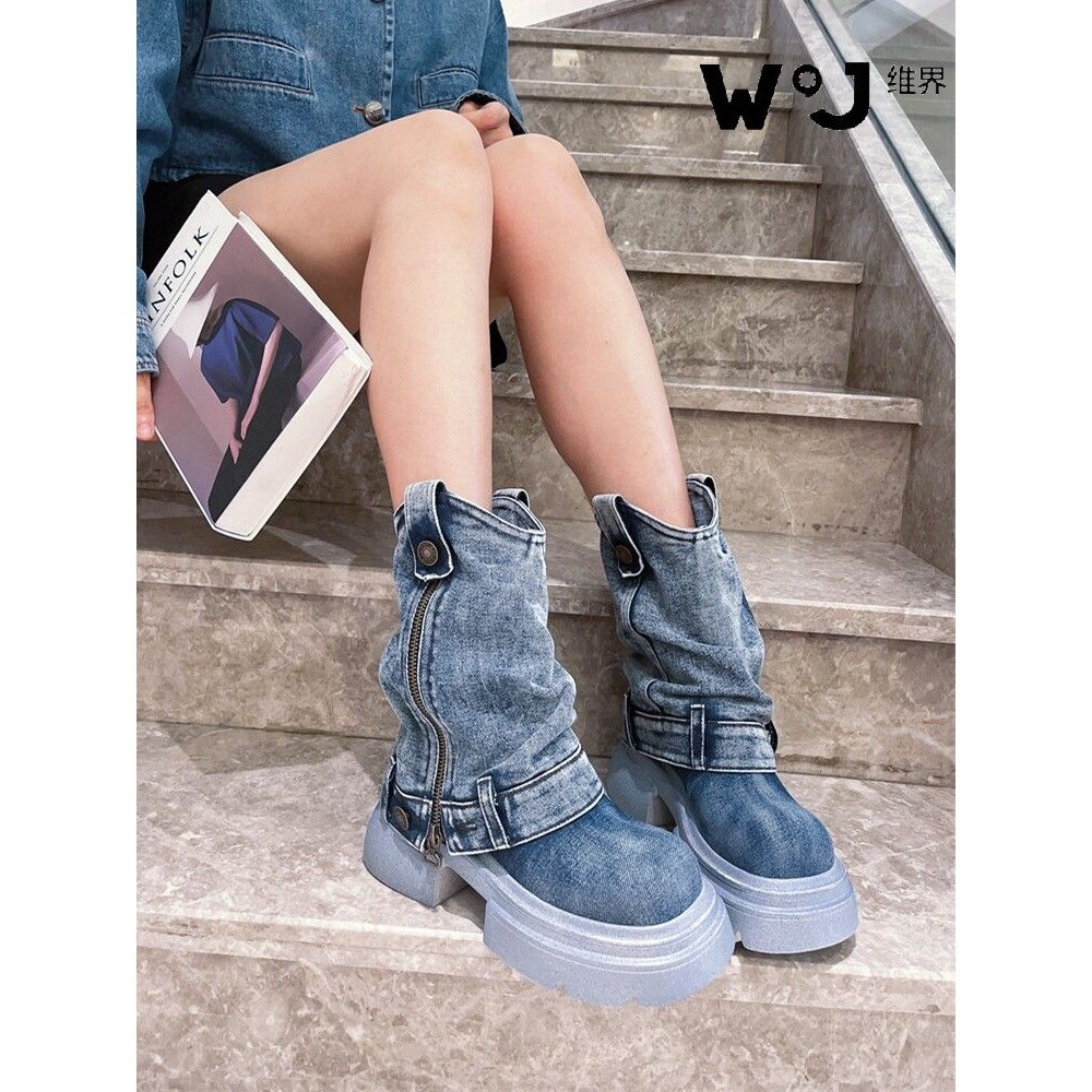 Bot Pantyhose Sol Tebal, Sepatu Bot Denim, Sepatu Bot Pendek, Sepatu Bot Martin Baru