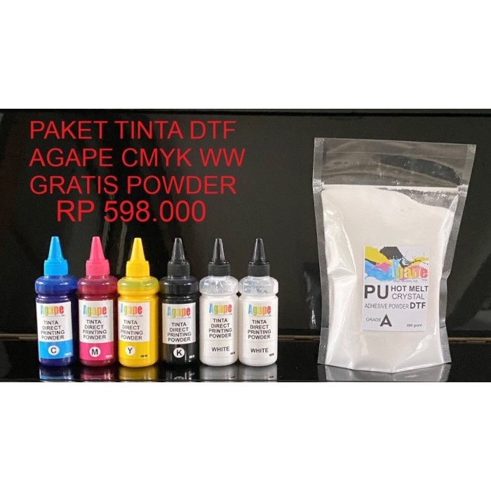 

TERMURAH - TINTA DTF PAKET CMYK DAN WW GRATIS POWDER 500 GRATIS ONGKIR TOPED