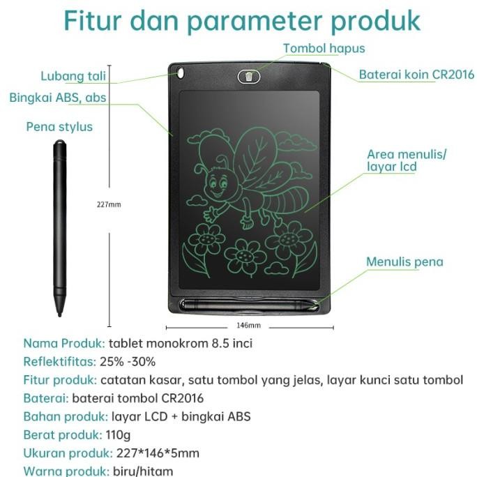 

8.5" LCD Drawing Tablet Writing Tablet Papan Tulis Board satu warna H32T