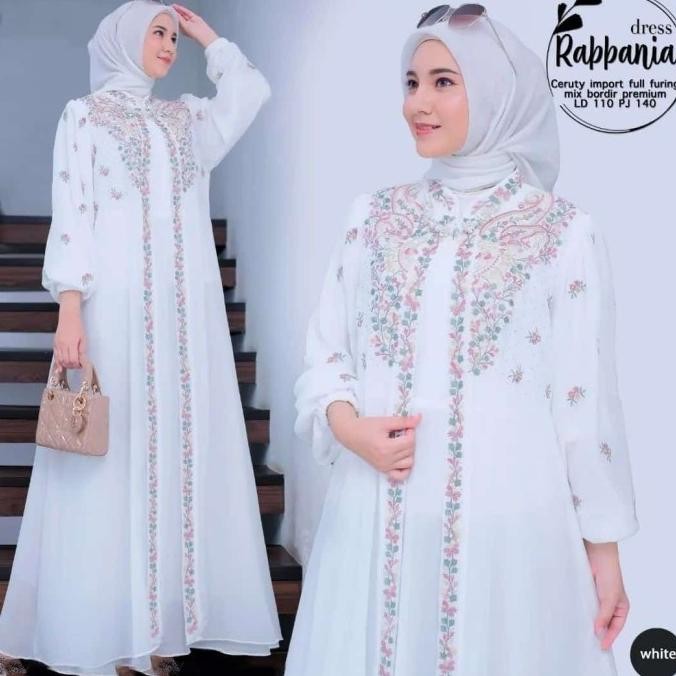 GAMIS PUTIH WANITA MUSLIMAH BORDIR GAMIS PUTIH REMAJA DEWASA MODERN MEWAH RABBANIA