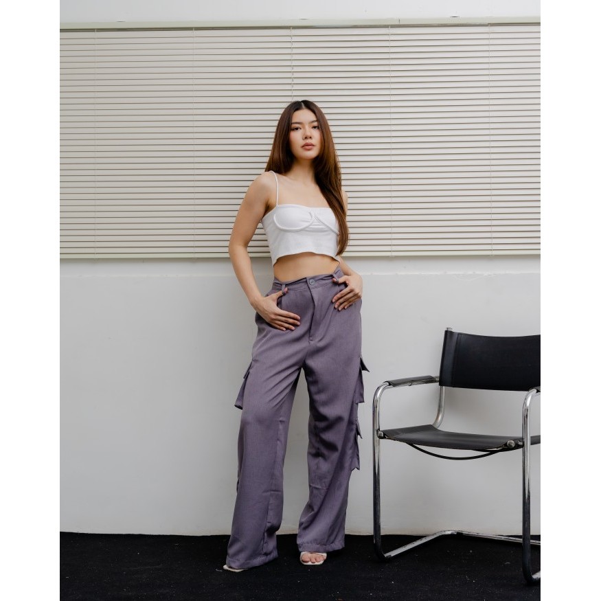 Boram Cargo Pants - Celana Panjang Kulot Wanita Pinggang Karet Korea