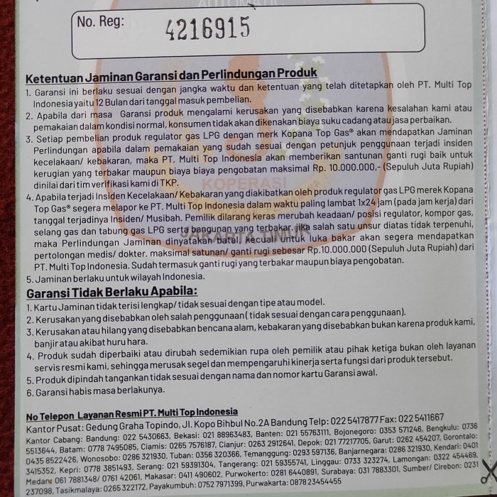 Regulator Kopana Top Gas Pertana Bergaransi 1 Tahun Garansi