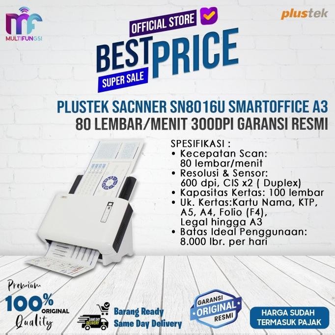 

Plustek Sacnner SN8016U SmartOffice A3 80 Lembar/Menit 300dpi Garansi Resmi
