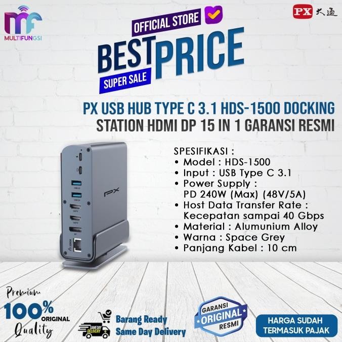 

PX USB Hub Type C 3.1 HDS-1500 Docking Station HDMI DP 15 In 1 Garansi Resmi
