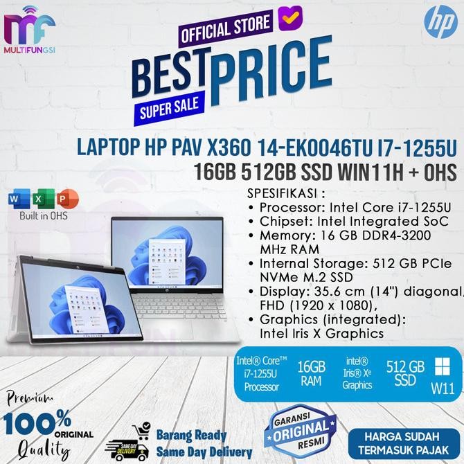 

Laptop HP Pav x360 14-EK0046TU i7-1255U 16GB 512GB SSD WIN11H + OHS