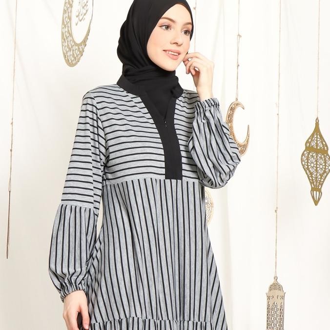 JV Hasanah Asyifa Ruffle Big Stripes Dress - Gamis V Salur Susun Jumbo CS