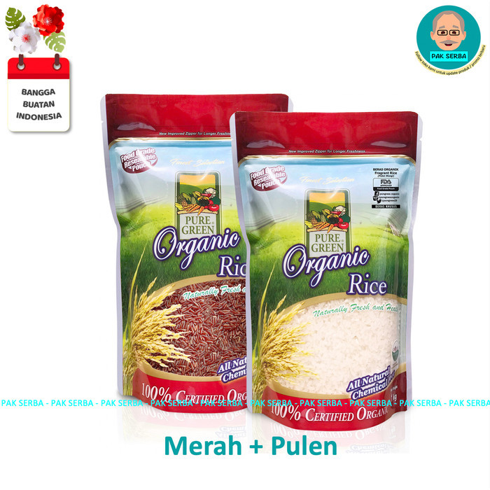 

TERBARU Pure Green Beras Organik Merah + Pulen Wangi (2 x 1kg)