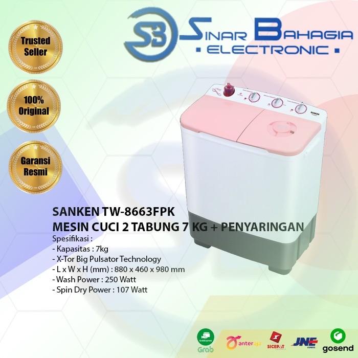SANKEN TW-8663FPK MESIN CUCI 2 TABUNG 7 KG + PENYARINGAN (NEW) (KHUSUS BANDUNG)