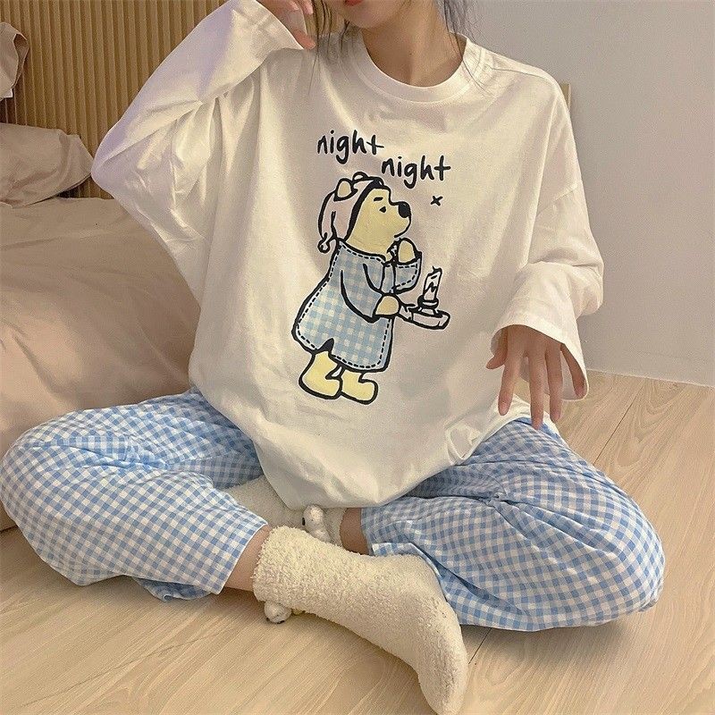 Lazy night Piyama Wanita Lengan Panjang Leher Bulat Longgar Tipis Dua Potong Set Pakaian Santai Winn