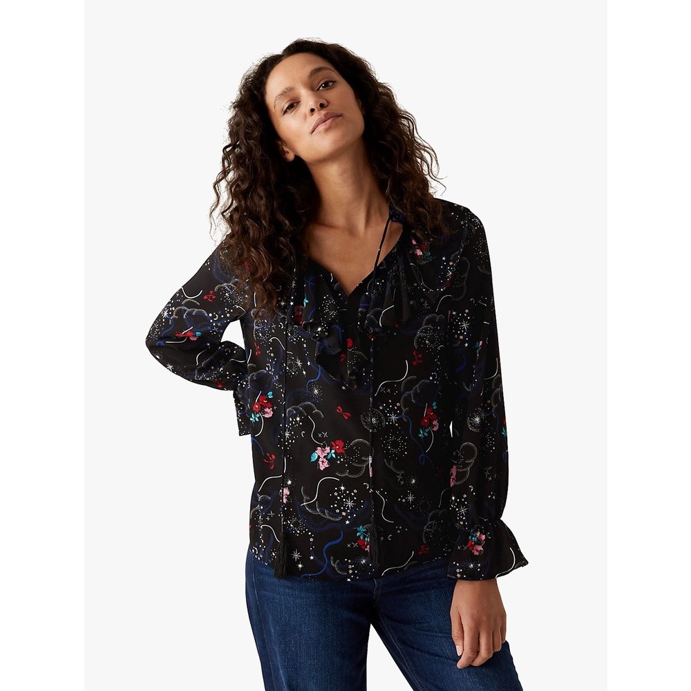 M&S - Blouse Wanita - Floral V-Neck Ruffle Blouse