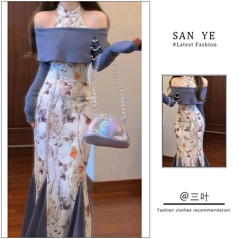 Setelan Gaun Wanita Gaun Cina Baru Gaun Cheongsam Gaun Rajutan Satu Bahu