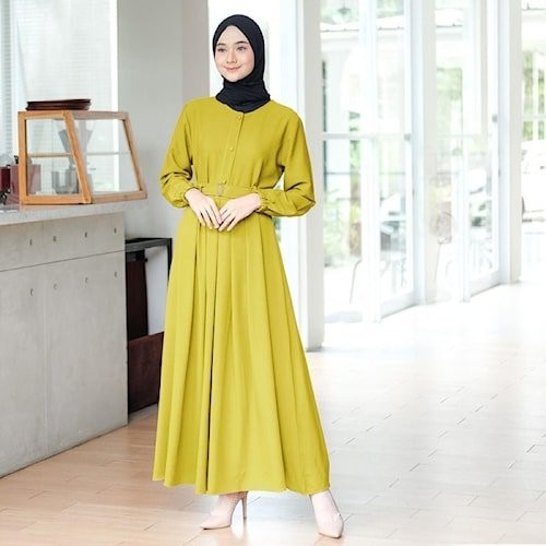 TERLARIS GAMIS LEBARAN HARI RAYA IDUL FITRI WANITA DEWASA WARNA KUNING LEMON