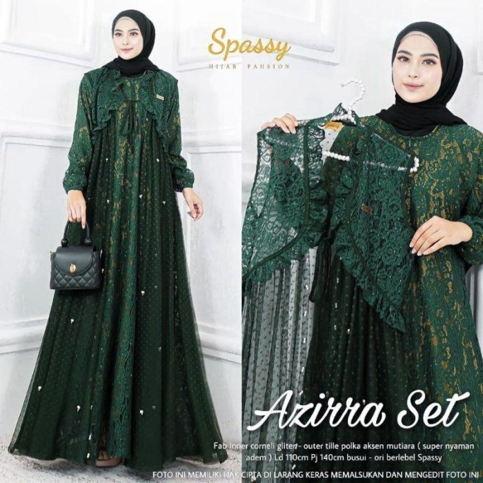 ORIGINAL Baju Gamis Wanita Muslim Azirra Set Maxy Brokat Pesta Kondangan Modis - Botol, Ld 110