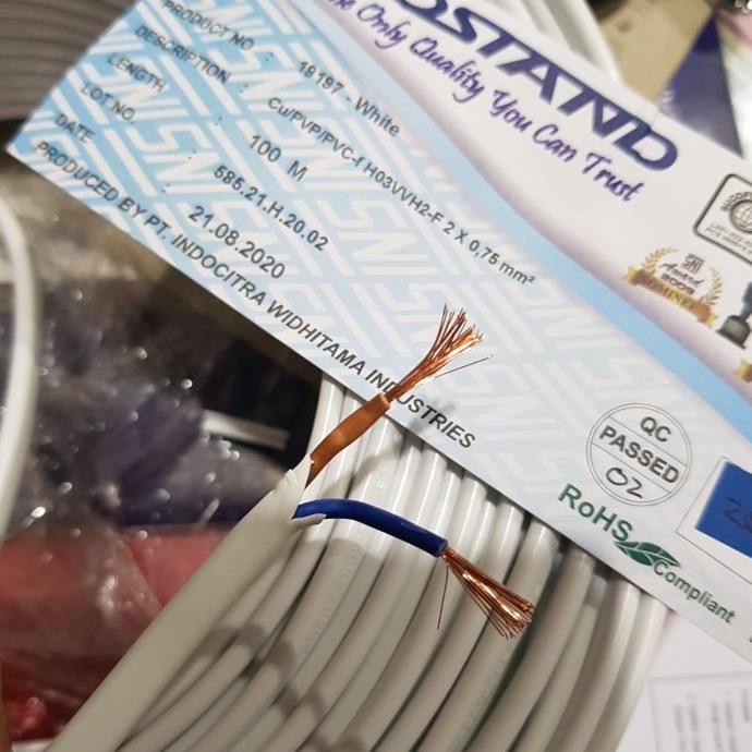 Produk Baru Kabel Oval Gepeng Putih 2x0.75 Rostand Sucofindo SNI ( 100Meter )