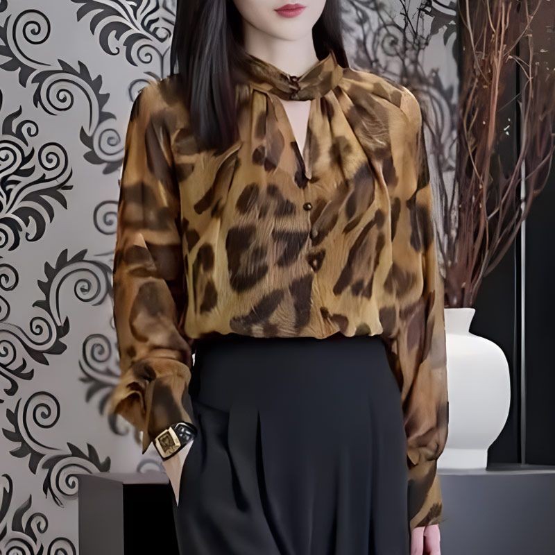 Kemeja Wanita Lengan Panjang Motif Macan Tutul, Pakaian Baru Wanita