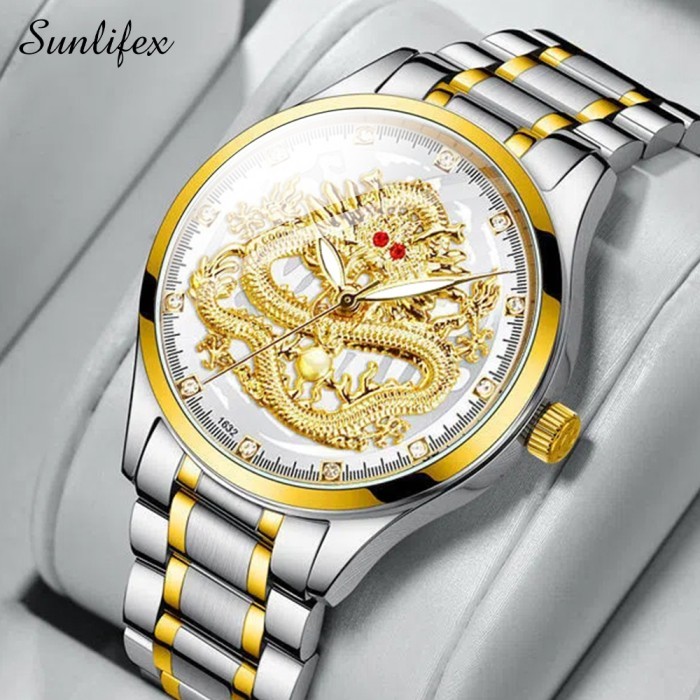 TERLARIS Sunlifex Jam Tangan Pria Naga Emas Stainless Steel Dragon Gold Quartz - Putih