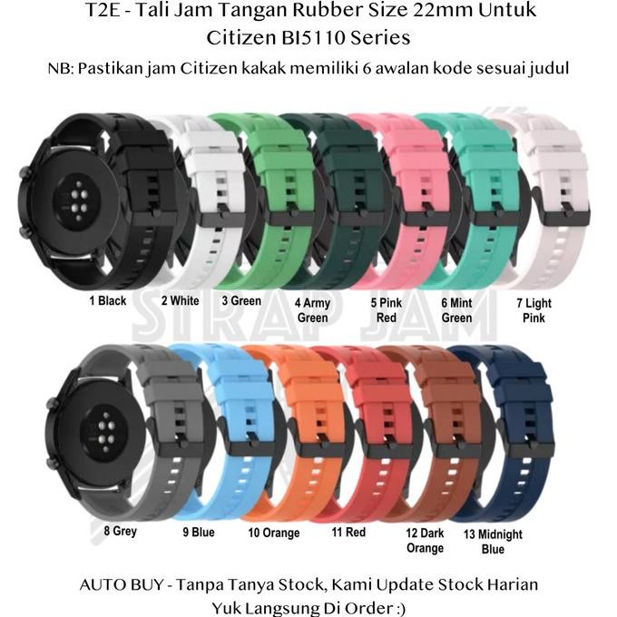 TERMURAH - T2E 22mm Tali Jam Tangan Citizen BI5110 Series - Strap Rubber Silikon Buckle Hitam