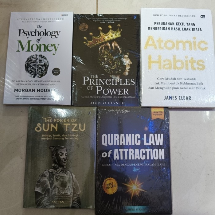 

PAKET 5 BUKU QURANIC LAW OF ATTRACTION ATOMIC HABITS THE POWER OF SUN TZU THE PRINCIPLES OF POWER