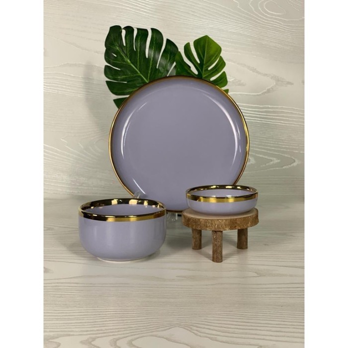 PIRING SET KERAMIK UNTUK 1 ORANG WARNA LILAC UNGU LIST GOLD ELEGANT