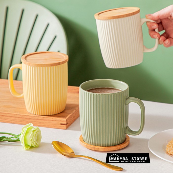 MUG GELAS KOPI SUSU KERAMIK DENGAN TUTUP MUG KERAMIK AESTHETIC + TUTUP