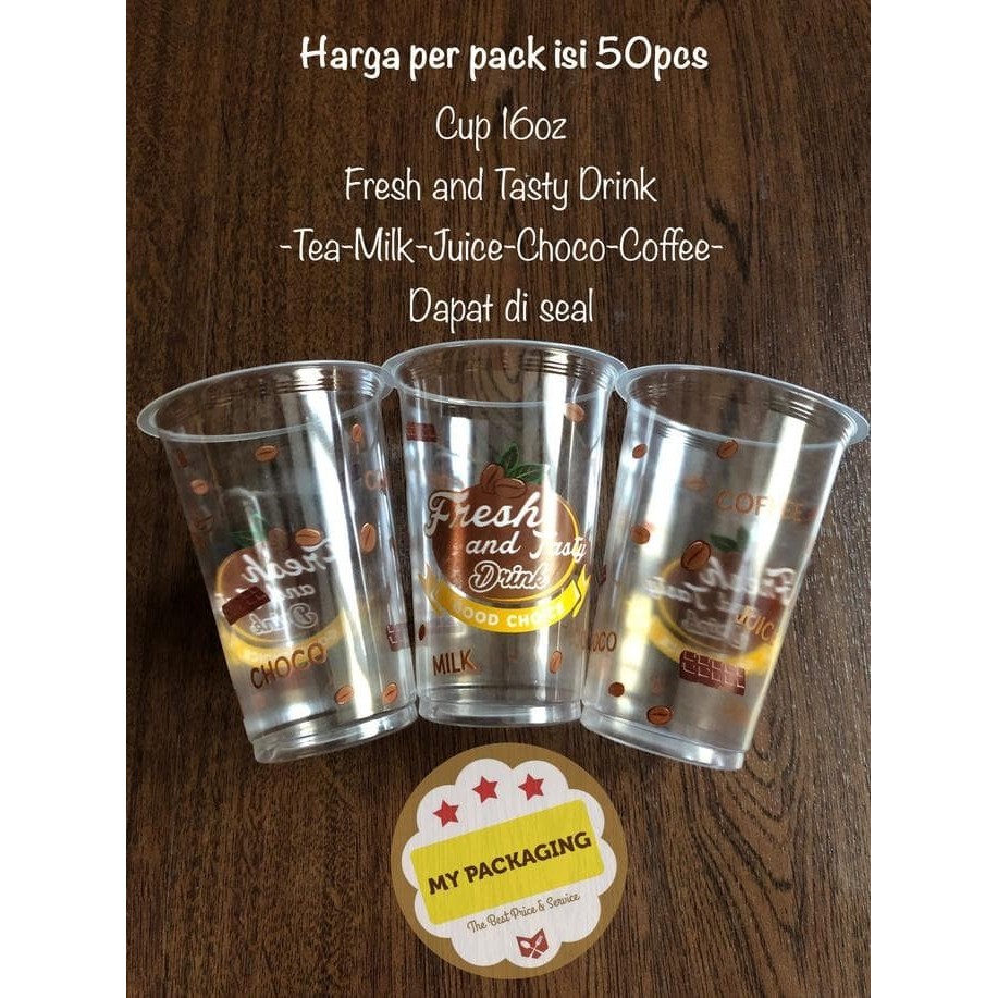 GELAS CUP PLASTIK 16OZ PRINTING - (50PCS) JUICE/KOPI/TEH/BOBA/ICE FRES