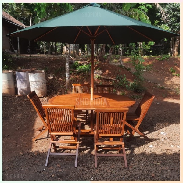 Meja Set Payung Taman Cafe Outdoor Kayu Jati Ouval