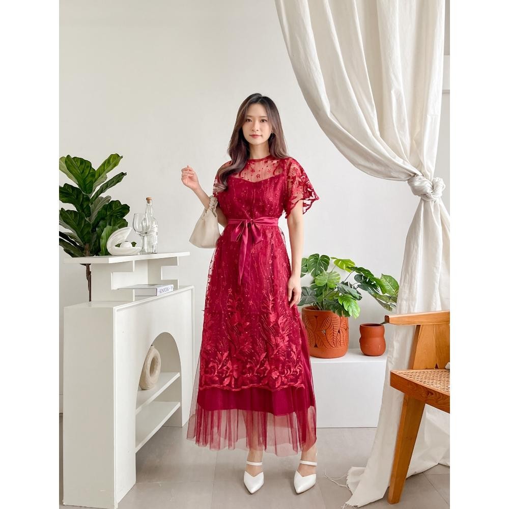 jku DRESS FRANSISCA Dress Pesta Kondangan Natal Brokat Tile Satin Velvet Simple Elegan Mewah Gaun Fo