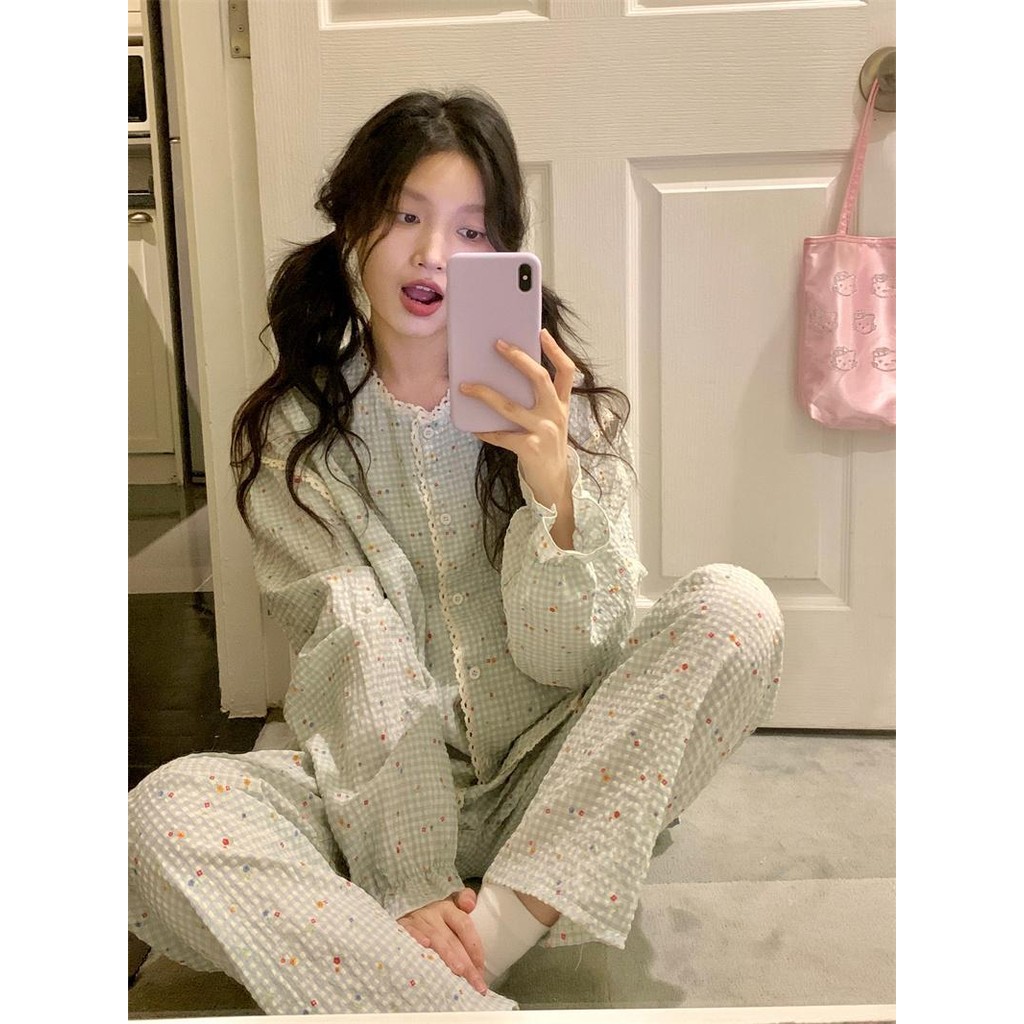Lazy night Piyama renda bunga tipis gaya Korea untuk wanita set baju rumah pelajar baru Import
