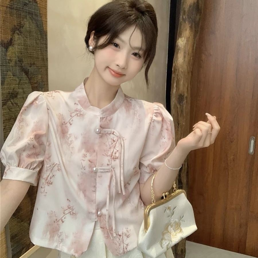 Blus Lengan Pendek Wanita, Desain Blus Lengan Pendek Kerah Berdiri Lengan Puff Pendek Kemeja Hijau