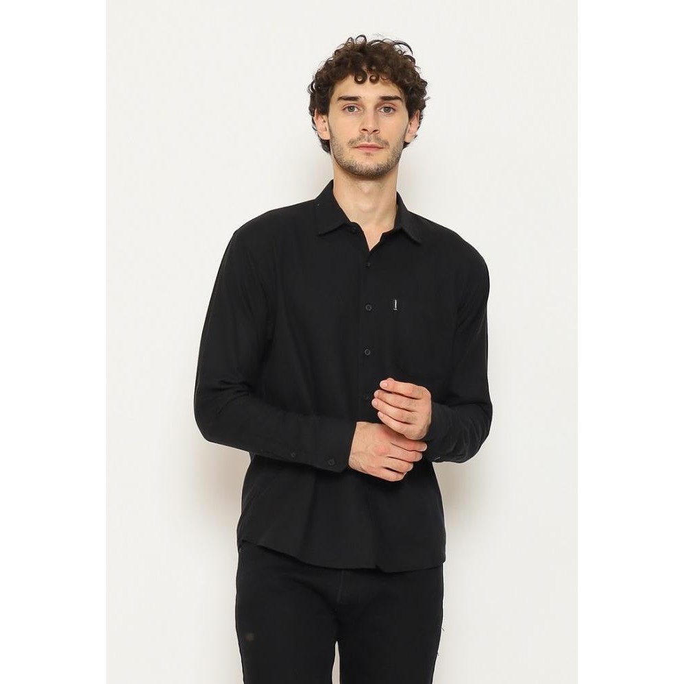 DISKON HEMMEH Kemeja Flanel Hitam Polos Lengan Panjang