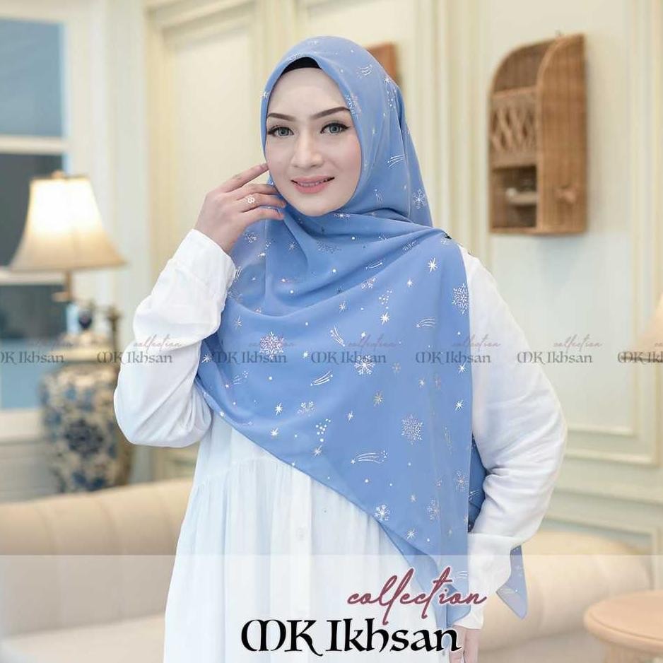 Rania Hijab Segi Empat Zipper Motif Snow White Ceruty Babydoll France Voile,Hijab Instan Resleting K
