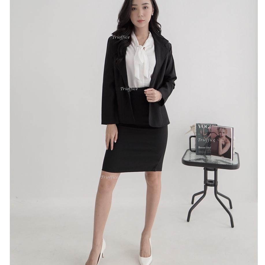Rok Span Hitam Kerja Formal Dek Selutut 3/4